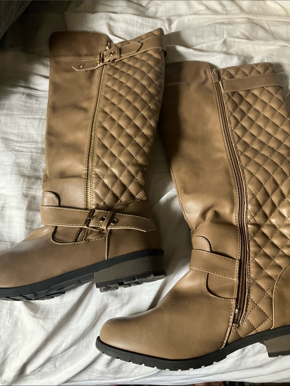 Quilted Tall Winter Boots in Tan with Buckle Accents